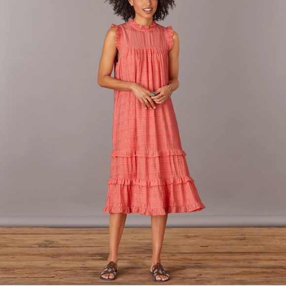 Anthro Sunday‎ in Brooklyn Bright Beacon Tiered Midi Dress in Coral Size Large - Picture 1 of 10